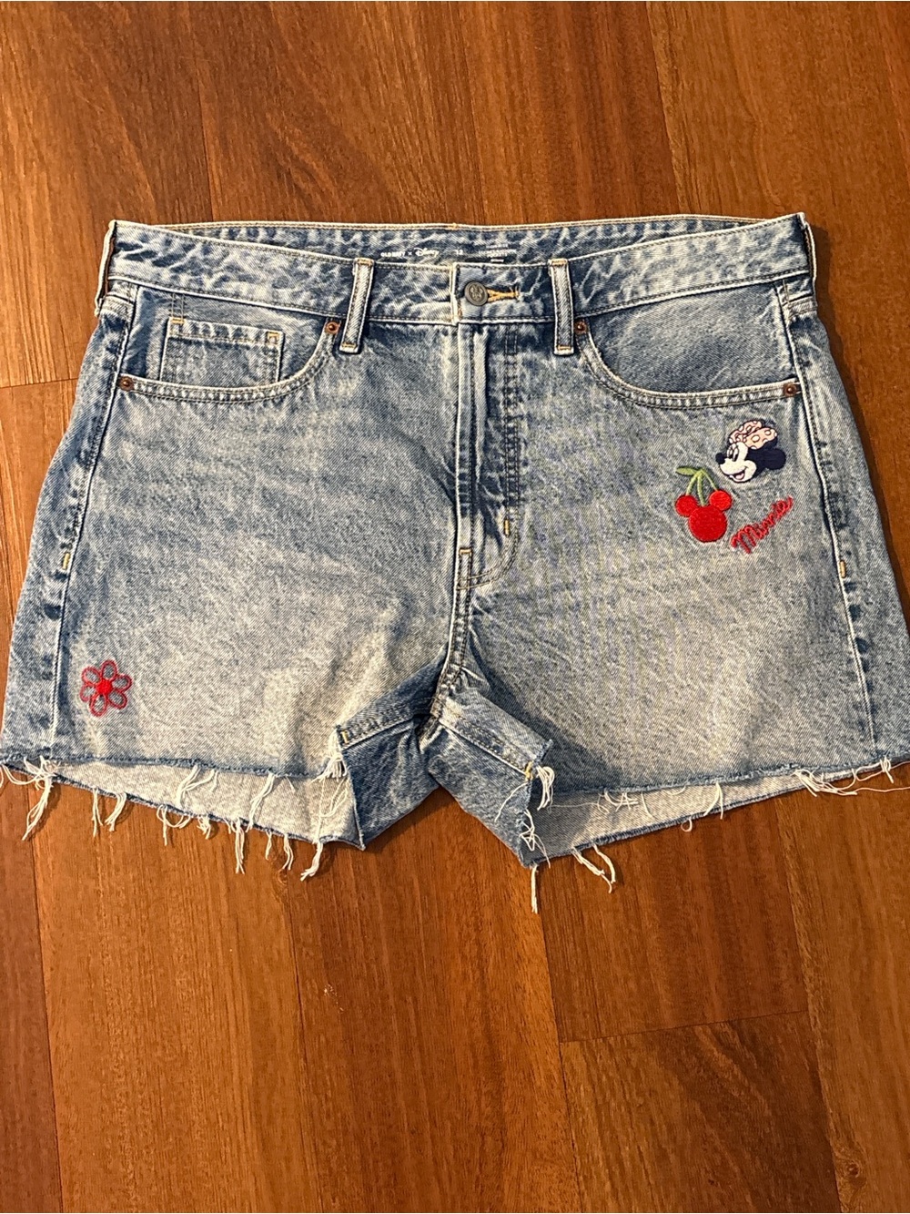Old Navy Light Blue Denim Cutoff Shorts with Embroidered Mickey & Cherry